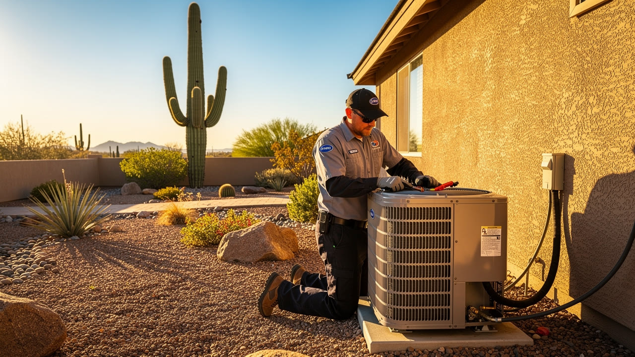Mucho Frío HVAC technician servicing an AC unit in Phoenix